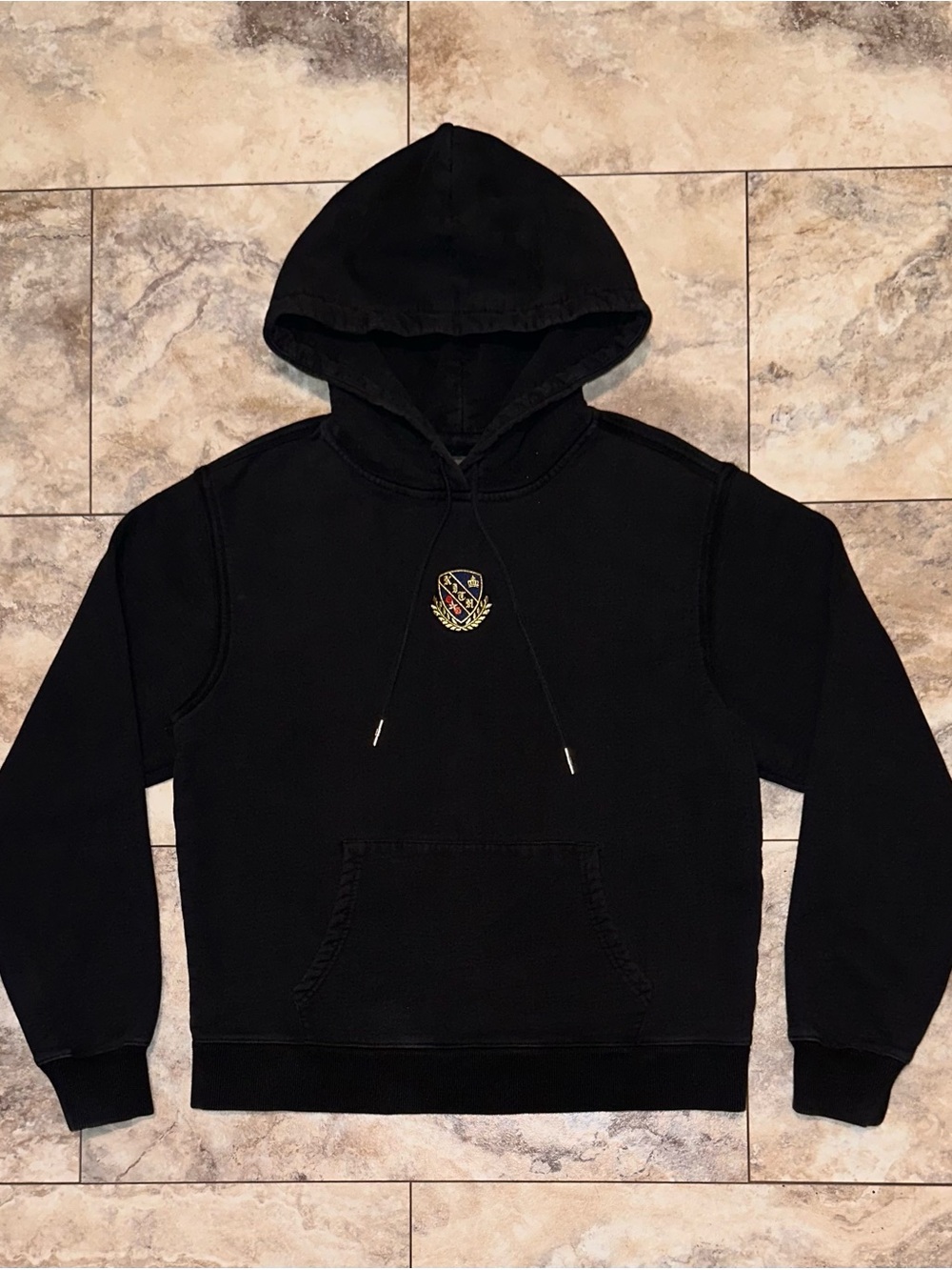 Kith College Crest Patch Hoodie Black Embroidered Pullover Sweatshirt Size Small